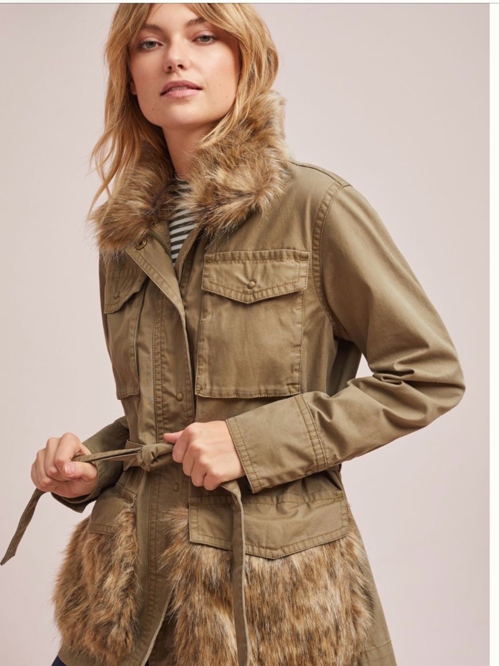 🩷 Anthropologie Tan Utility Jacket with Faux Fur Hem and Waist Tie XS EUC.🩷